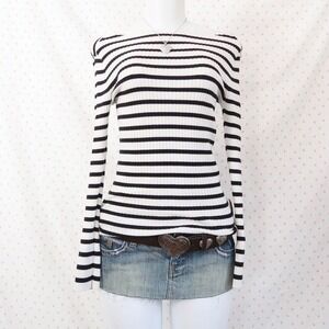 Women's Black & White Striped Ribbed Long Sleeve Tee